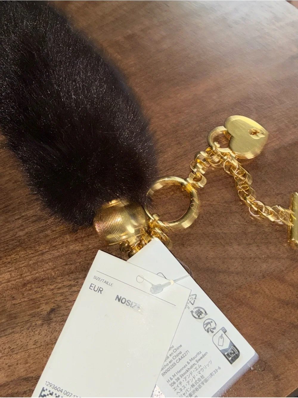 H&M Dark Brown Faux Fur Key & Card Holder with Gold Heart Charm